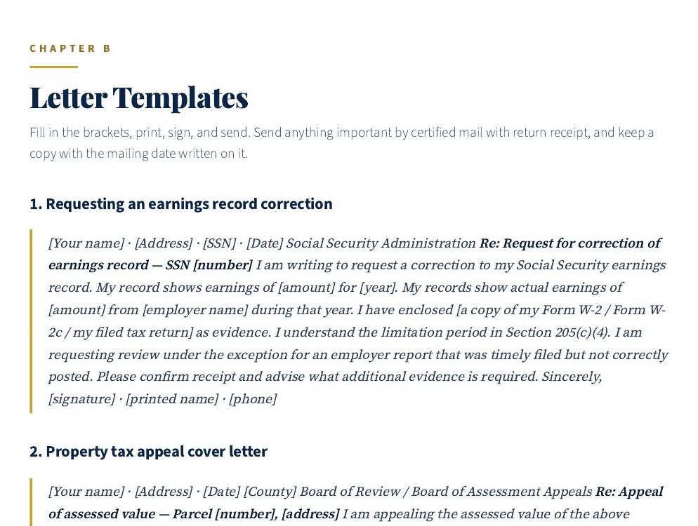 Letter templates with brackets to fill in, including a property tax appeal cover letter