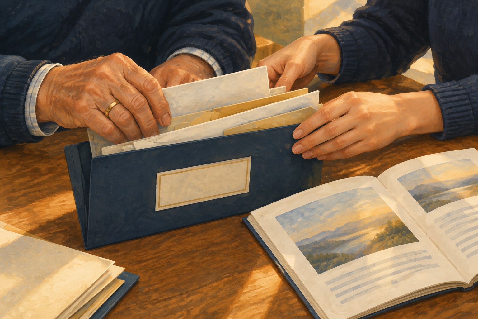 Illustration: two pairs of hands sorting papers into one folder